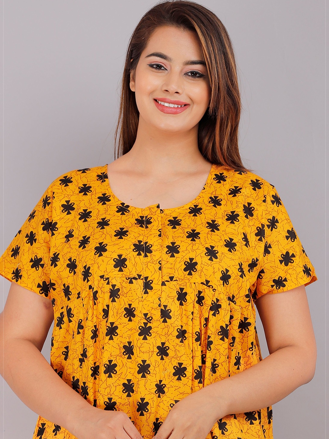 

PR PINK ROYAL Women Floral Printed Pure Cotton Maxi Nightdress, Yellow