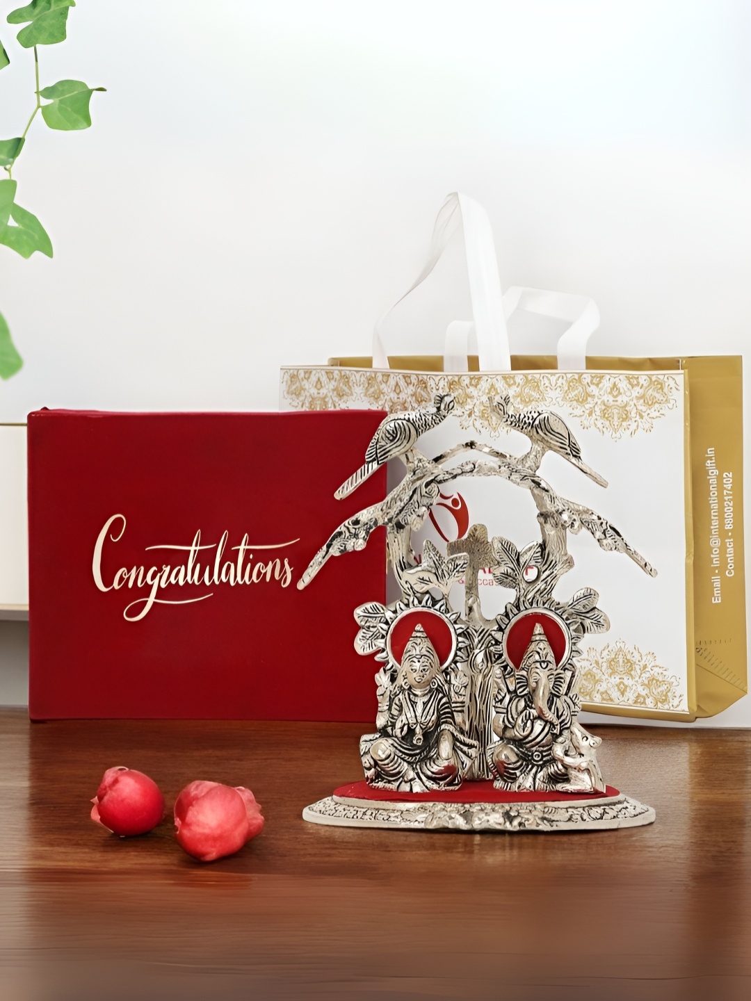 

INTERNATIONAL GIFT Silver-Toned 3Pcs Religious Showpiece With Diya Velvet Box & Carry Bag