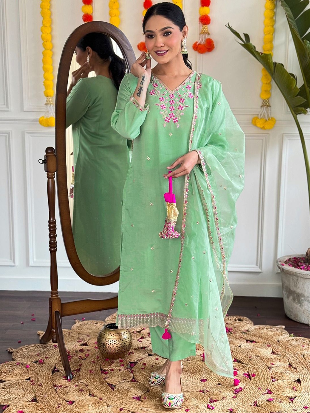 

KALINI Floral Embroidered Sequinned Chanderi Cotton Straight Kurta & Trousers & Dupatta, Green