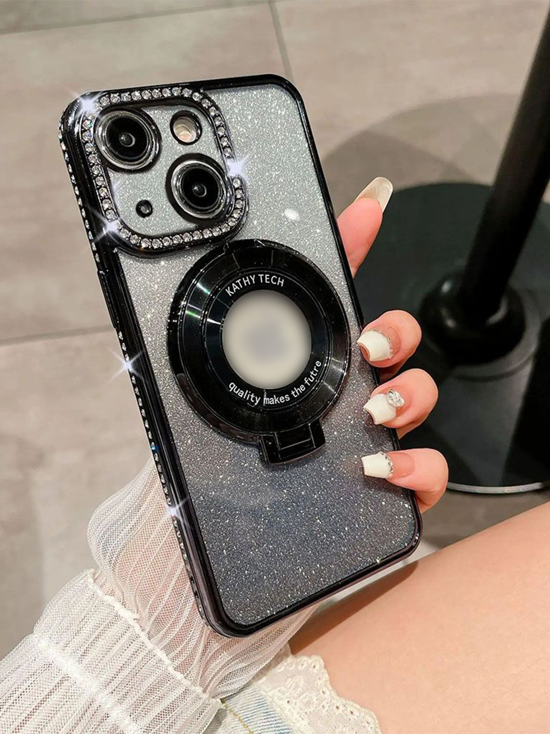 

Luxury Kase LK111 Solid iPhone 14 Glitter Diamond Bracket Magnetic Holder Stand Back Case, Black