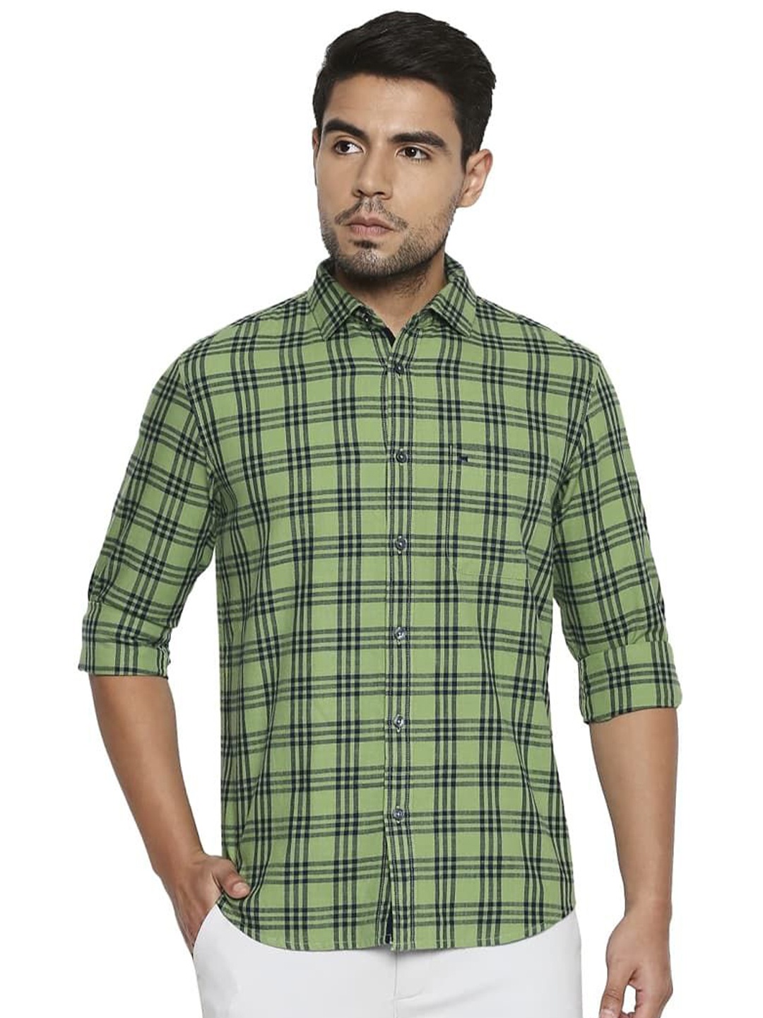 

Basics Men Relaxed Fit Spread Collar Tartan Checked Cotton Casual Shirt, Green
