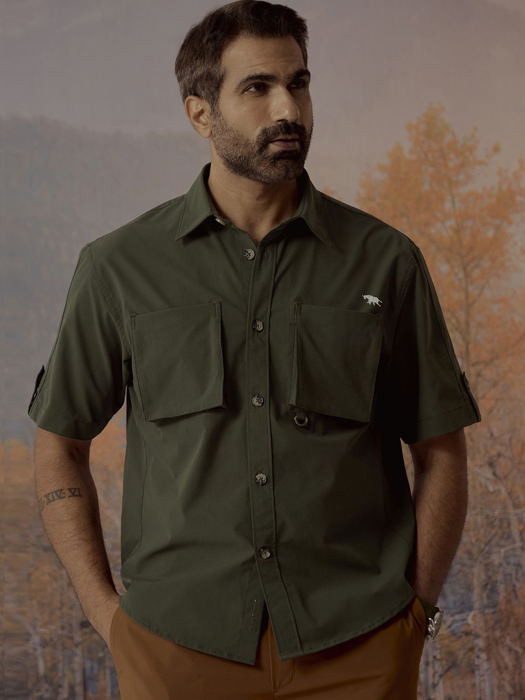 

Andamen Casual Men Double Pocket Relaxed Fit Shirt, Olive