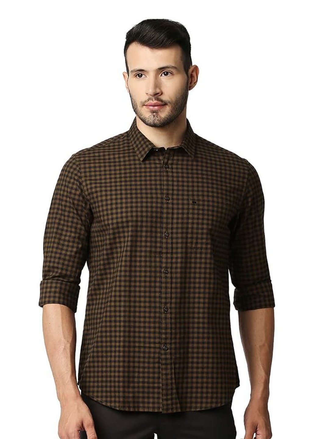 

Basics Men Relaxed Fit Spread Collar Gingham Checked Cotton Casual Shirt, Brown