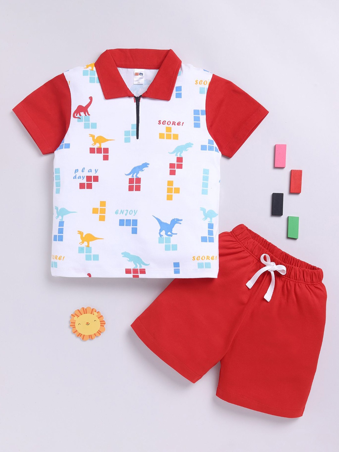 

LITTLE NINJA Boys Printed Polo Collar Pure Cotton T-Shirt With Shorts, Red