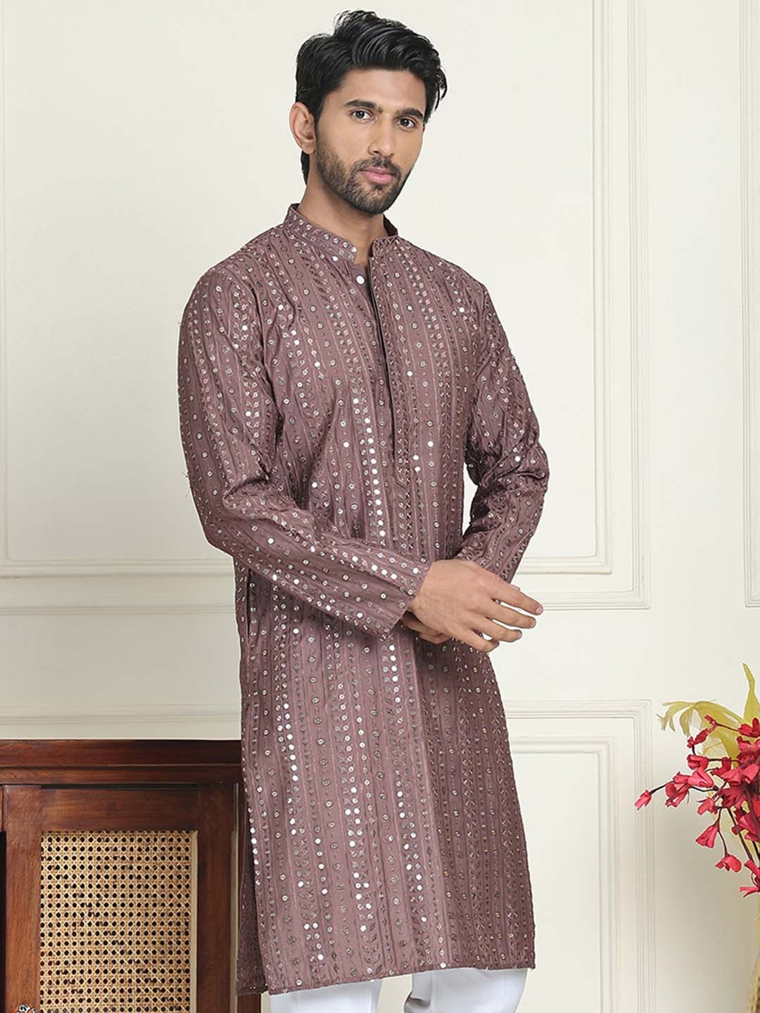 

Jompers Mandarin Collar Floral Embroidered Sequins Straight Kurta, Coffee brown