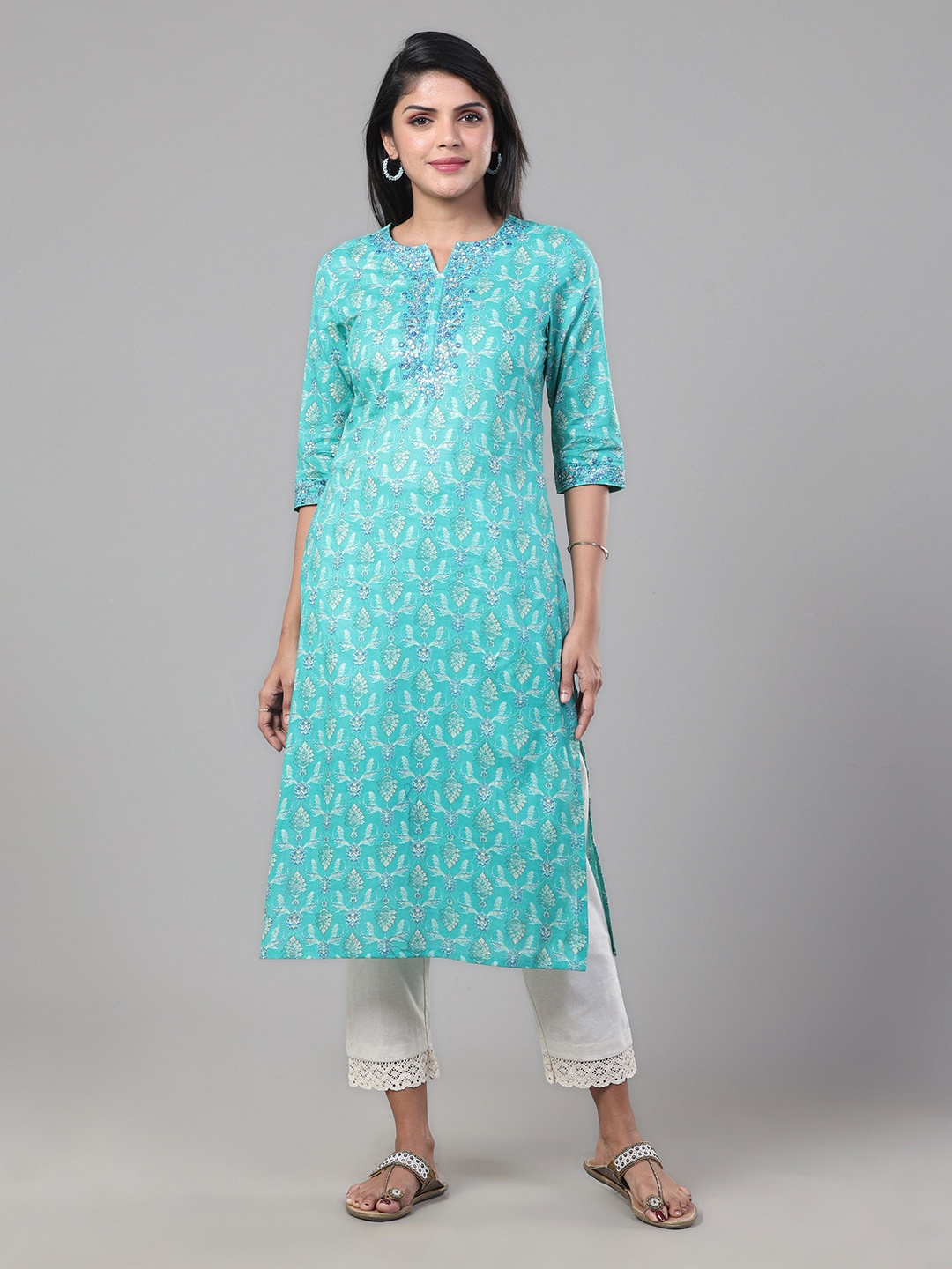 

Vismay Floral Printed Notch Neck Mirror Work Pure Cotton Straight Kurta, Blue