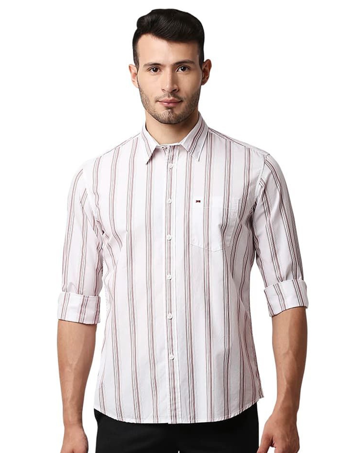 

Basics Men Relaxed Fit Spread Collar Vertical Striped Cotton Casual Shirt, Beige