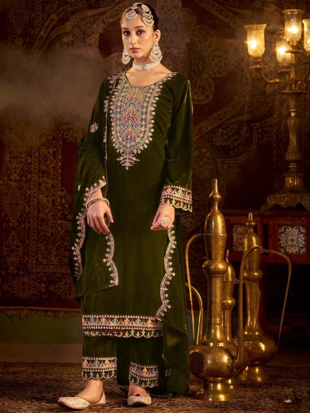 

SURATSUIT Women Ethnic Motifs Embroidered Empire Velvet Kurta with Salwar & With Dupatta, Brown