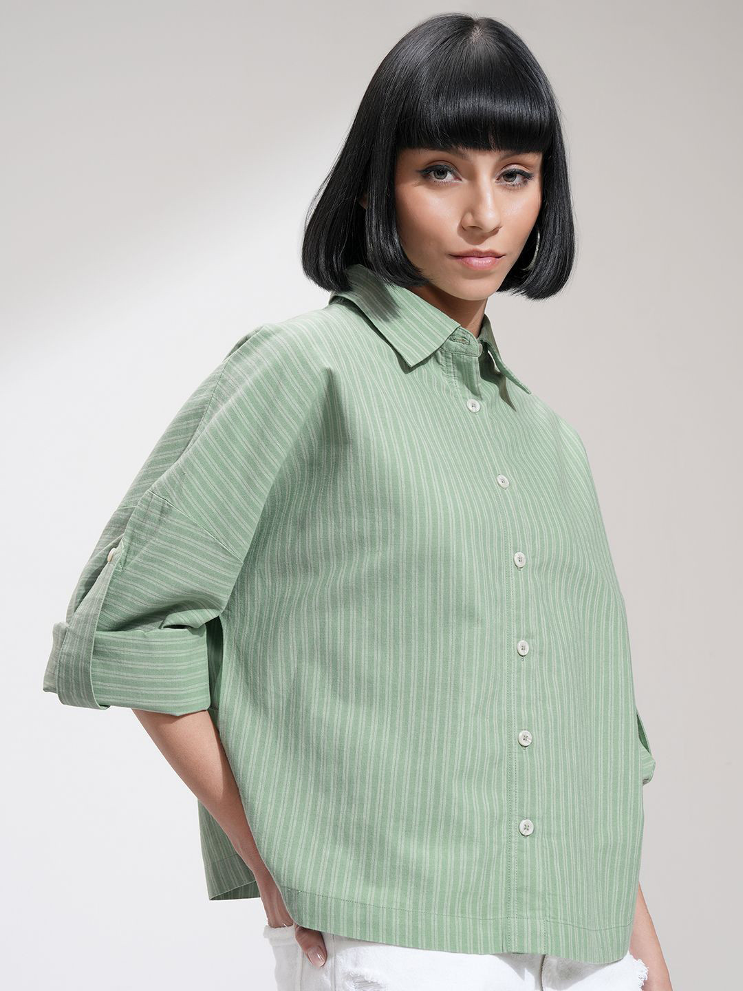 

Tokyo Talkies Women Buttondown Drop Shoulder Boxy Stripe Shirt, Olive