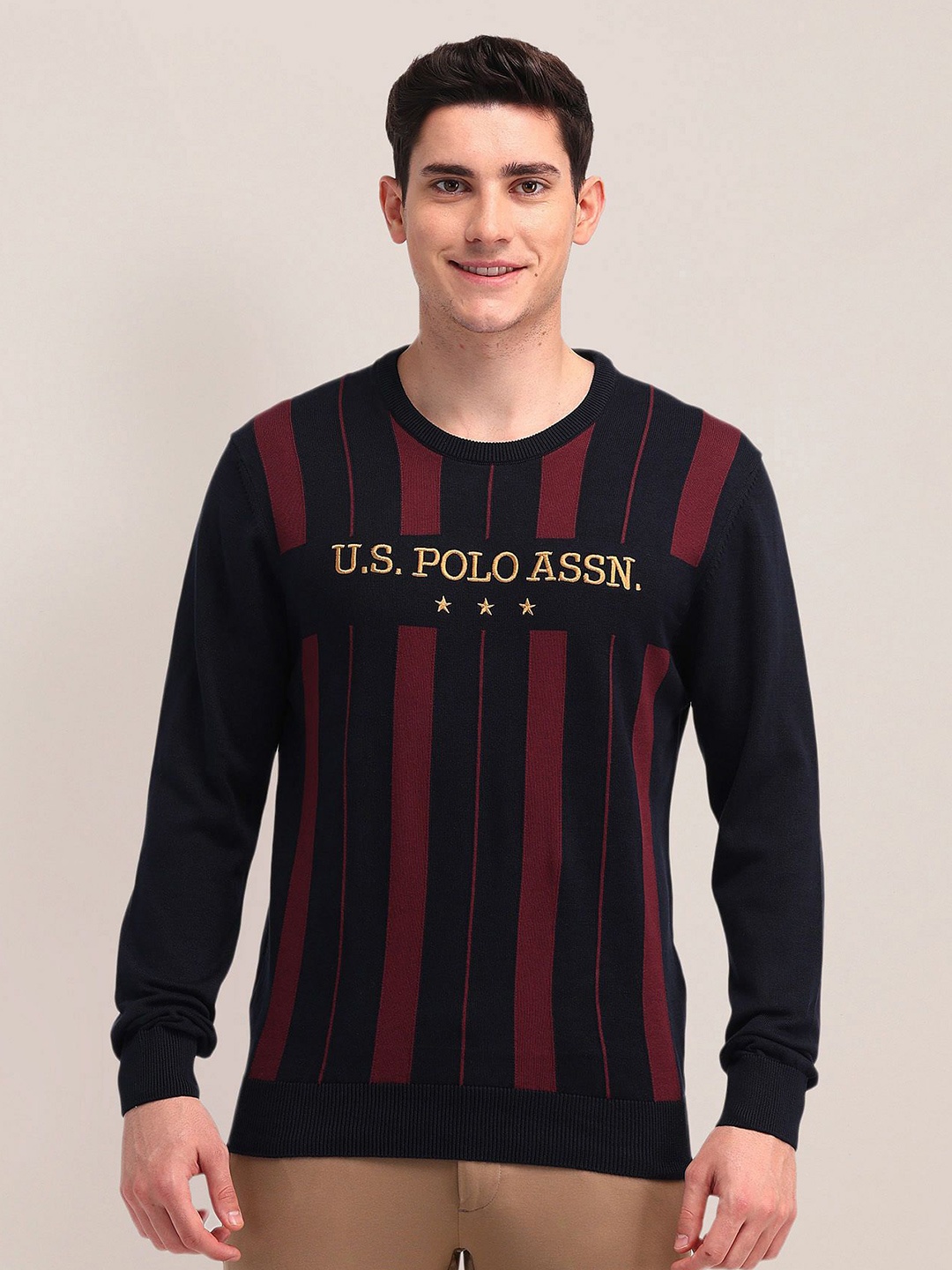

U.S. Polo Assn. Men Striped Pure Cotton Pullover with Embroidered Detail, Navy blue