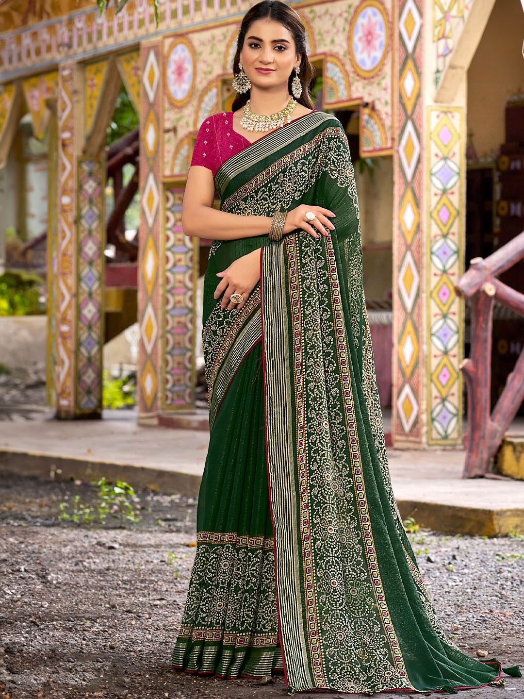 

A.V.M. SILK MILLS Bandhani Pure Georgette Saree, Green