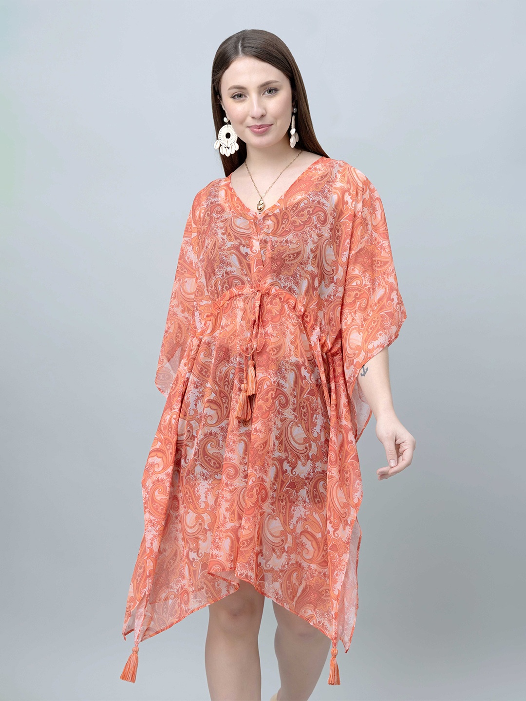 

PURYS Paisley Printed Gathers Tie-Up Swimwear Cover up Top, Orange