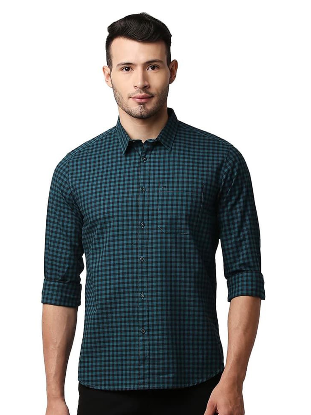 

Basics Men Relaxed Fit Spread Collar Gingham Checked Cotton Casual Shirt, Turquoise blue