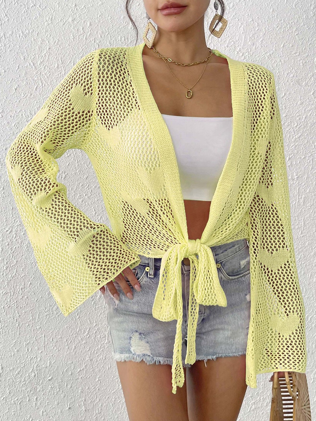 

StyleCast x Revolte Self Design Long Sleeves Tie-Up Shrug, Yellow