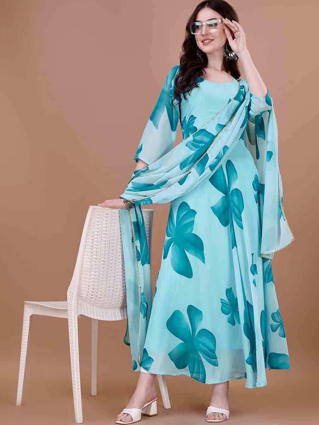 

Femvy Women Floral Printed Fit and Flare Ethnic Dresses With Dupatta, Blue