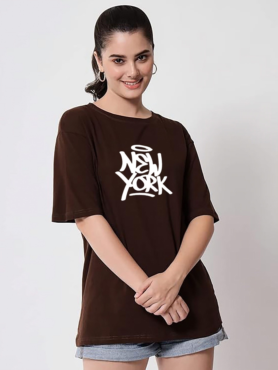 

My Swag Women Typography Printed Round Neck Cotton Oversized T-shirt, Brown