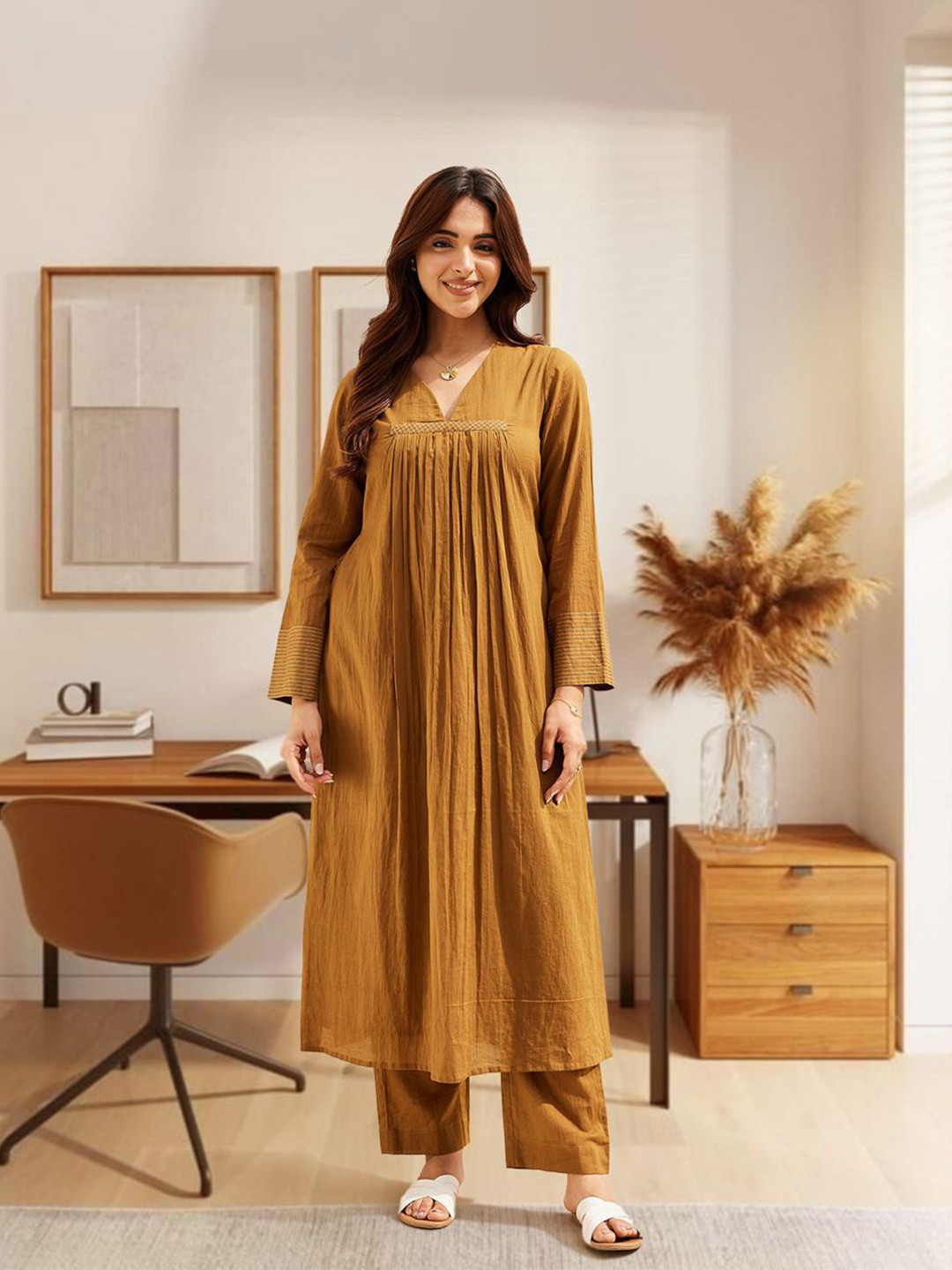 

Ambraee V-Neck Pleated A-Line Kurta With Trousers, Brown
