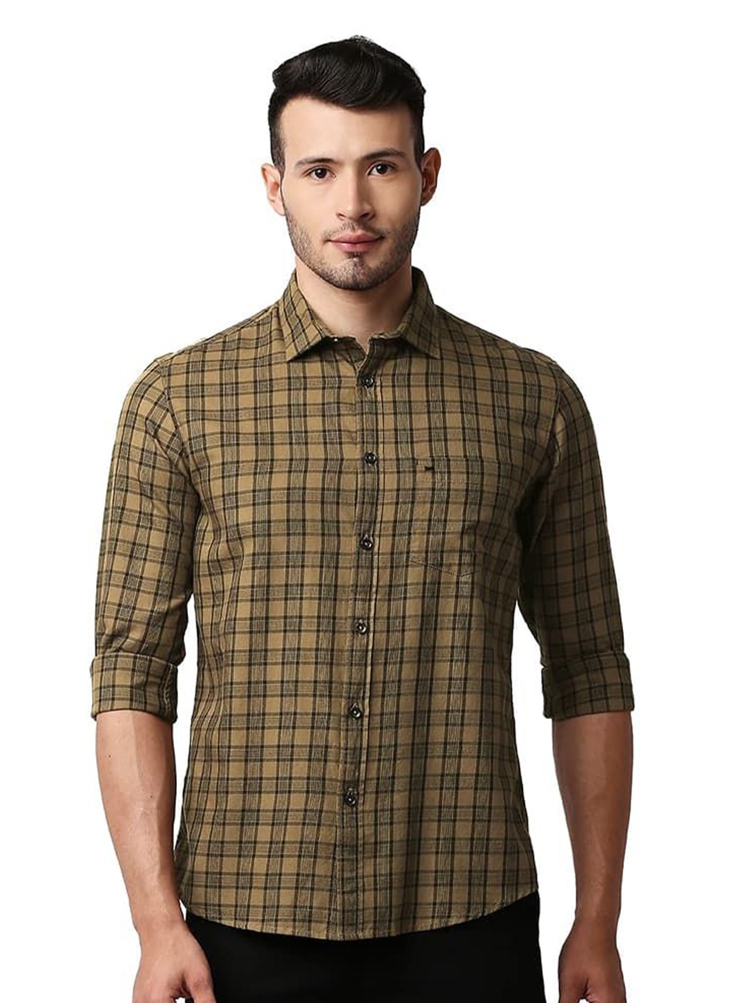 

Basics Men Relaxed Fit Spread Collar Checked Cotton Casual Shirt, Khaki
