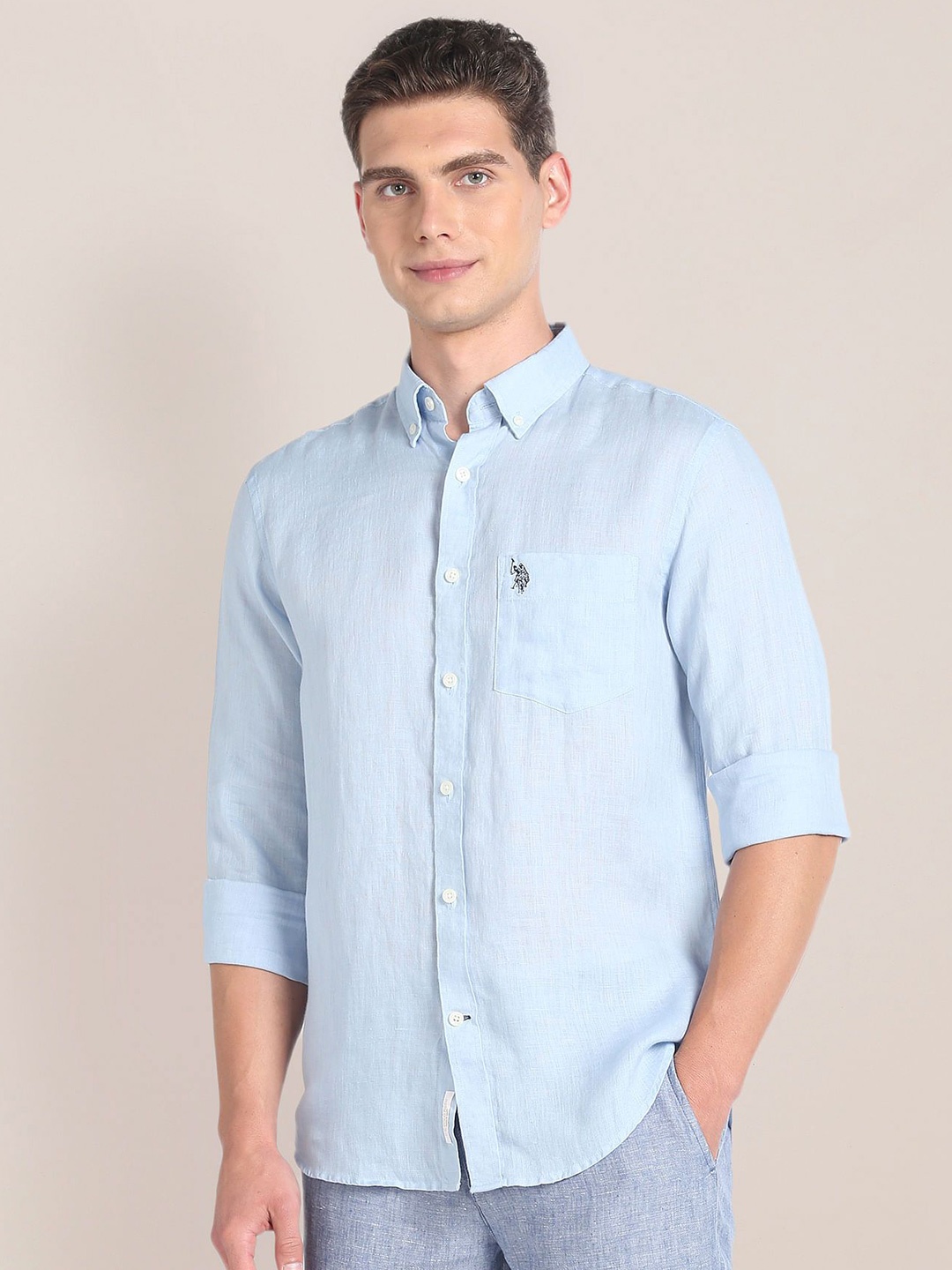 

U.S. Polo Assn. Men Classic Fit Button-Down Collar Solid Linen Casual Shirt, Blue