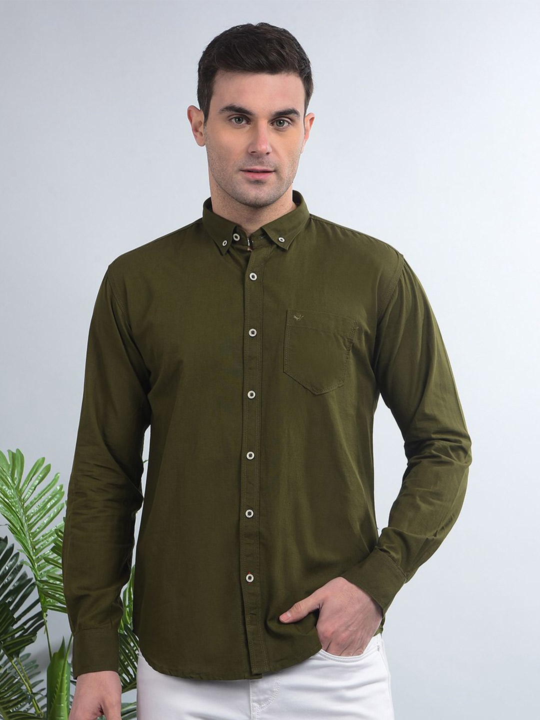 

COBB Men Button-Down Collar Solid Cotton Casual Shirt, Olive