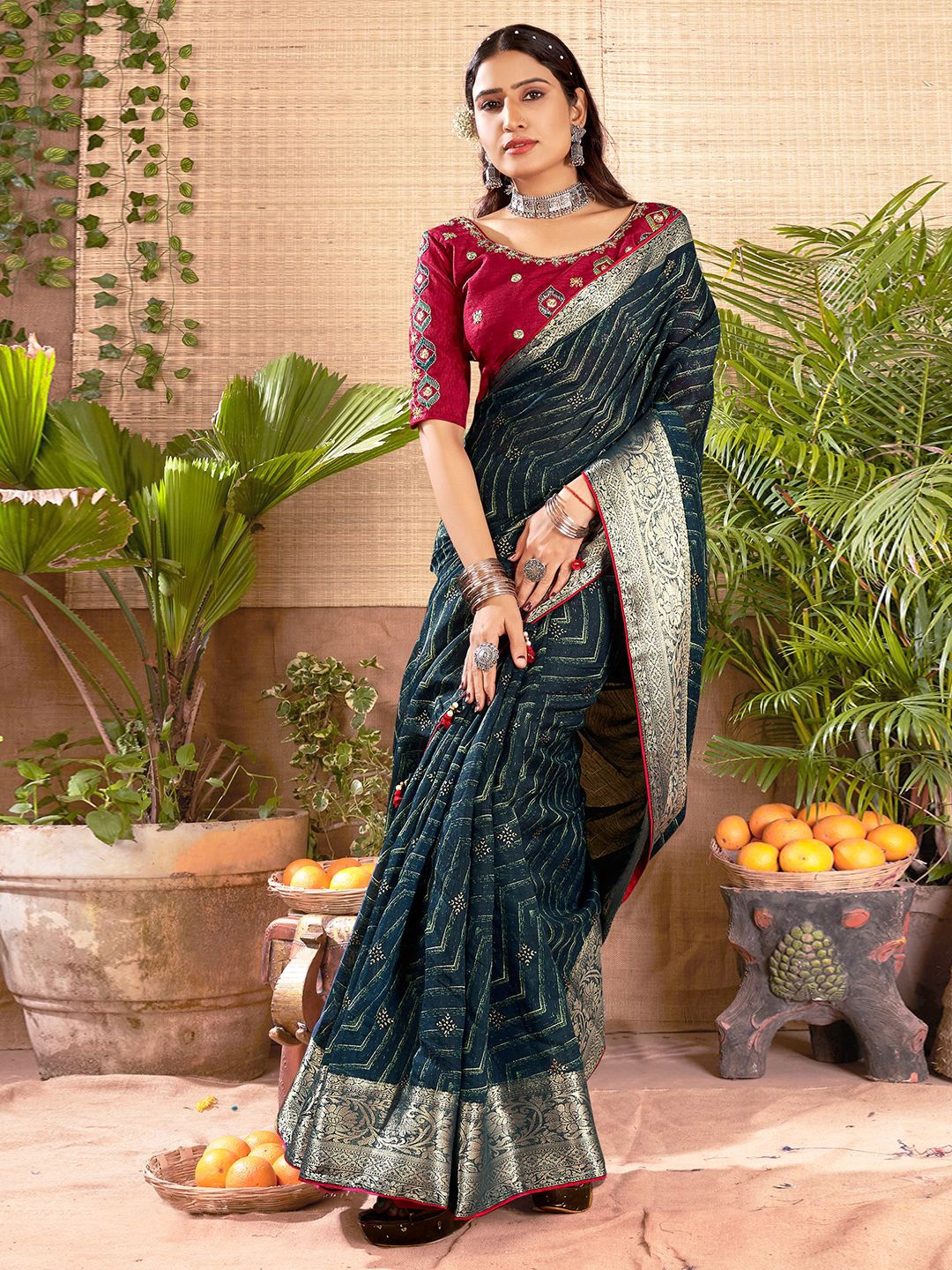 

LeeliPeeri Designer Ethnic Motifs Zari Saree, Teal