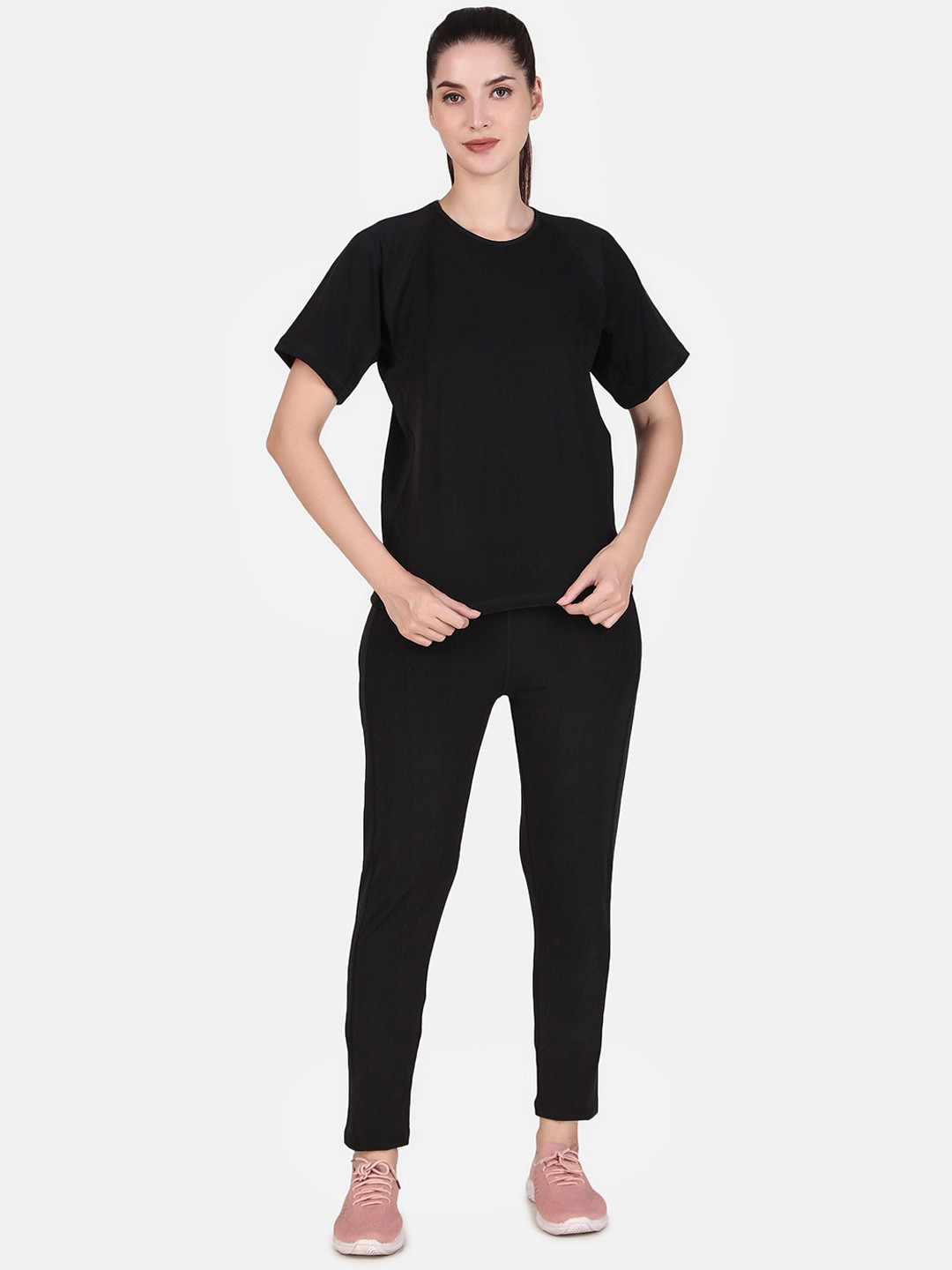 

BENZOS Women Round-Neck Mid-Rise Tracksuits, Black
