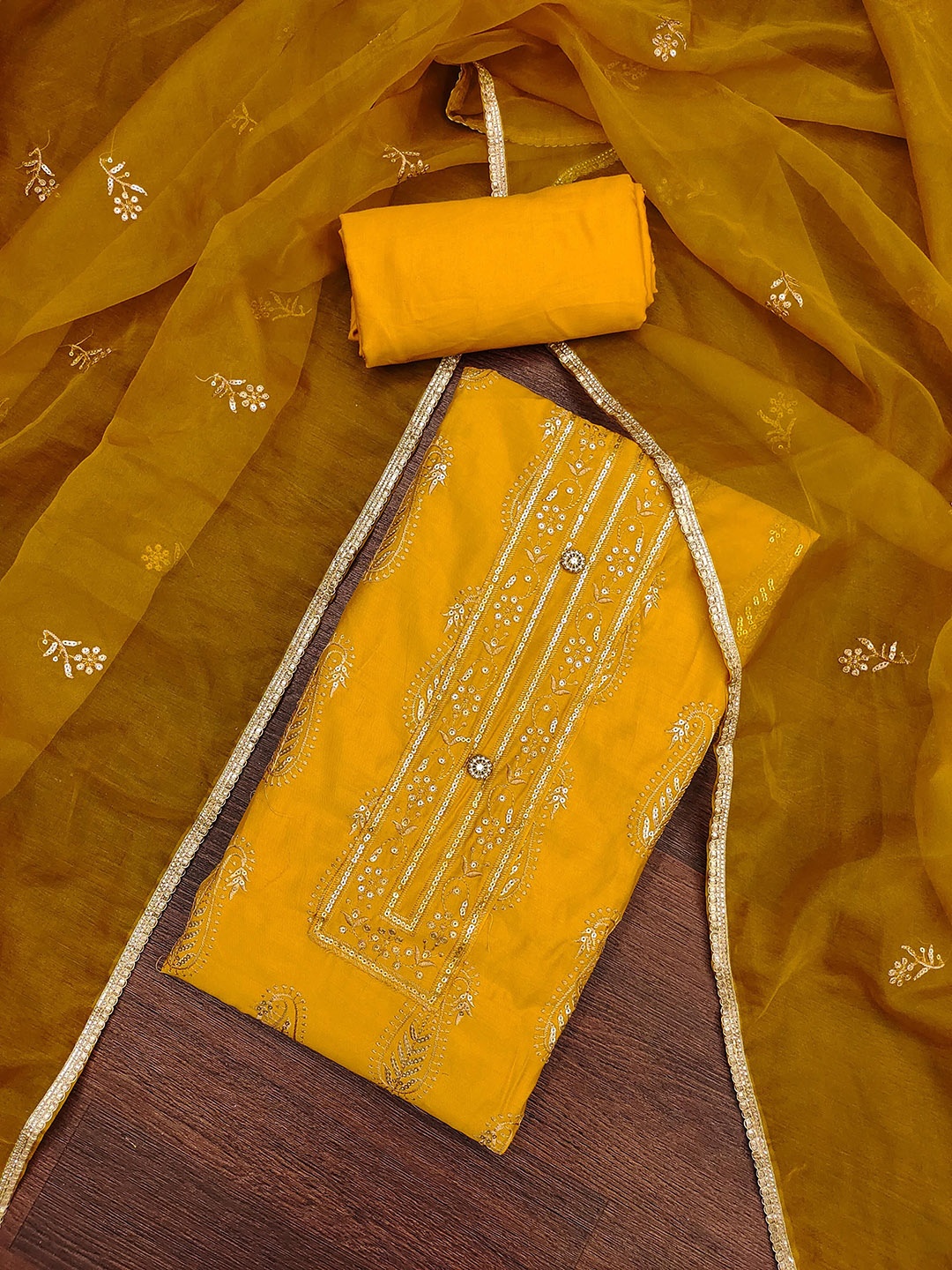 

HERE&NOW Floral Embroidered Sequinned Unstitched Dress Material, Yellow
