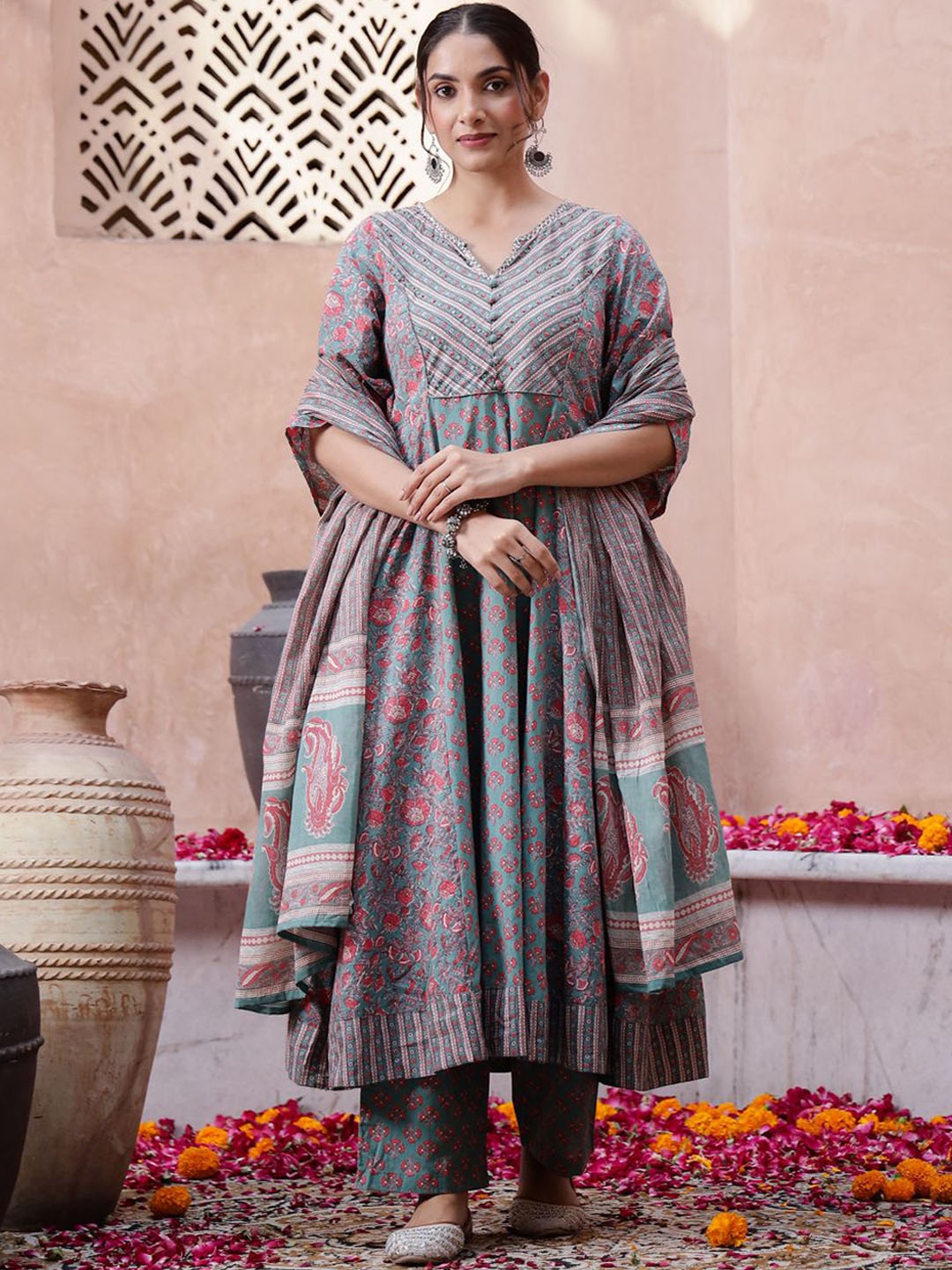 

Sangria Green Floral Printed Beads And Stones Pure Cotton Kurta With Trousers & Dupatta