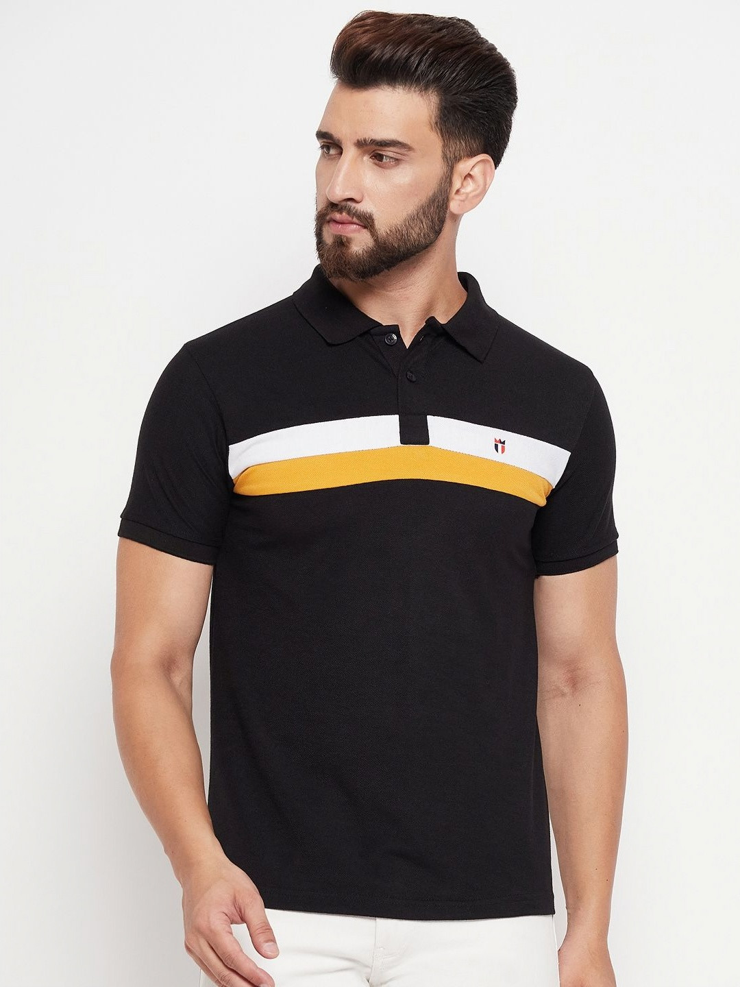 

NYKER Men Striped Polo Collar Cotton T-shirt, Black