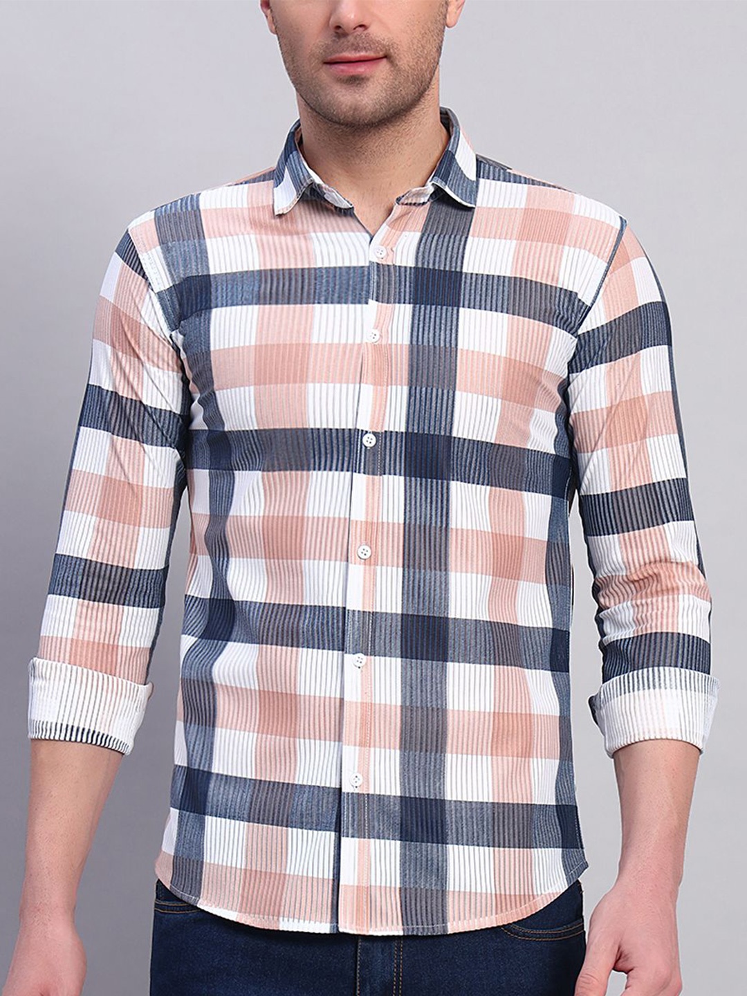 

YOUTH FIRST Men Premium Tartan Checks Opaque Checked Casual Shirt, Peach