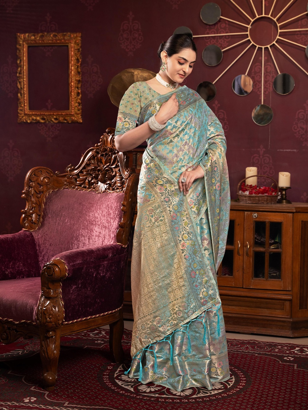 

ALAGINI Woven Design Zari Organza Saree, Blue