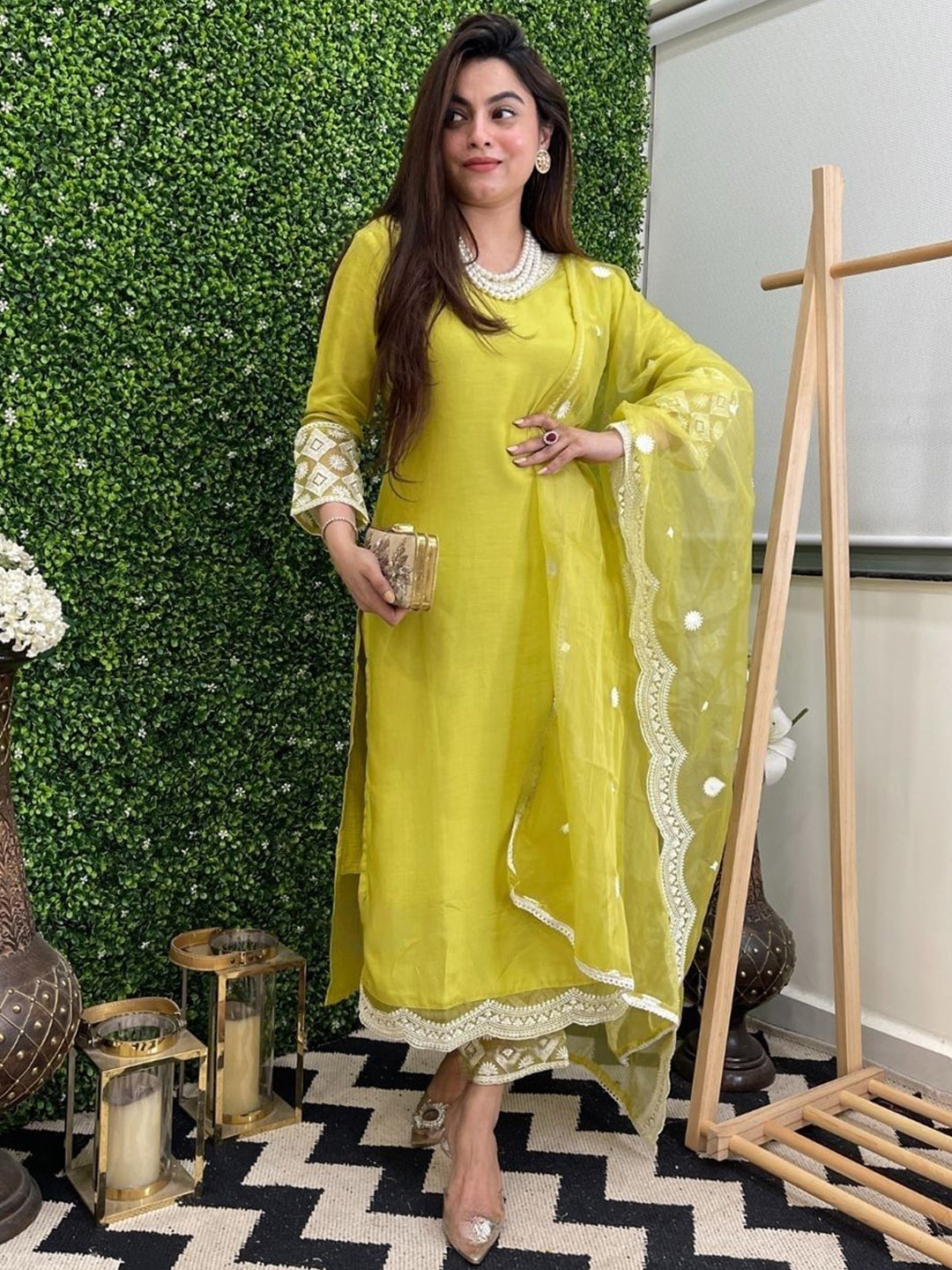 

KALINI Floral Embroidered Sequinned V-Neck Straight Kurta With Trousers And Dupatta, Lime green