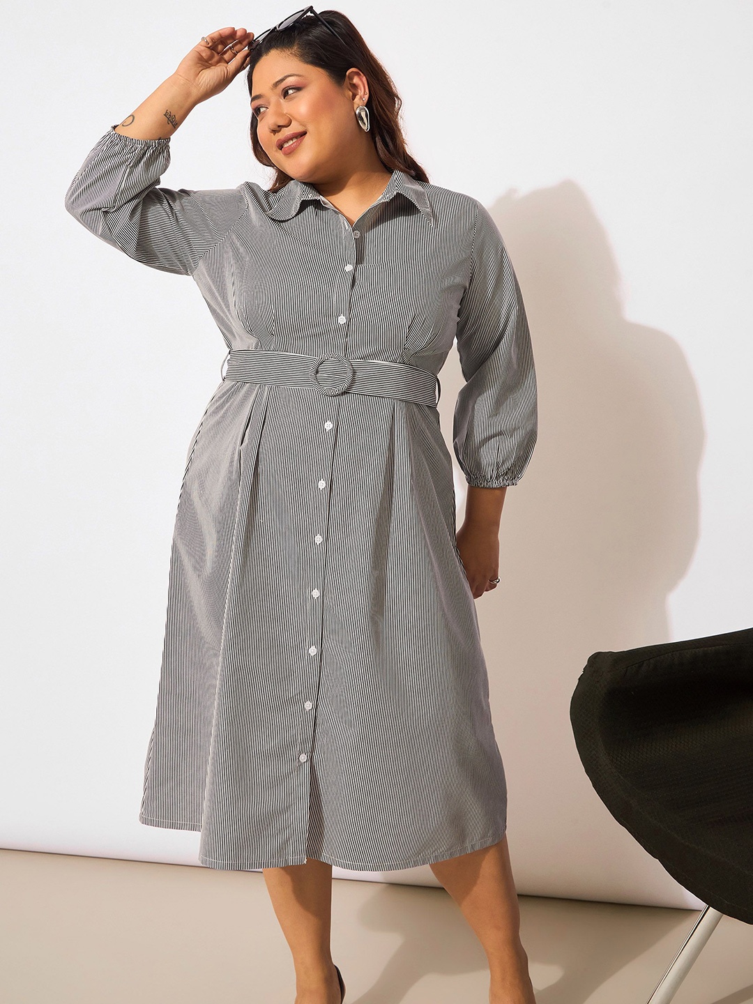 

SASSAFRAS Curve Women Striped Shirt Midi Dress, Black