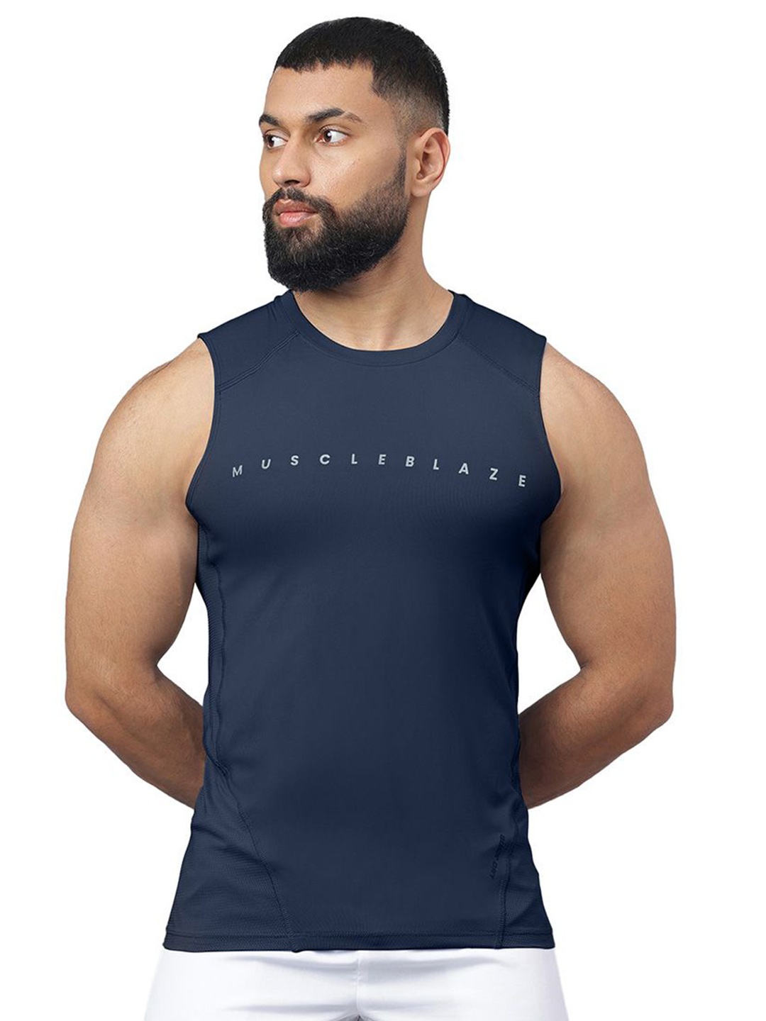 

MuscleBlaze Unisex Typography Printed Round Neck Compression T-shirt, Navy blue