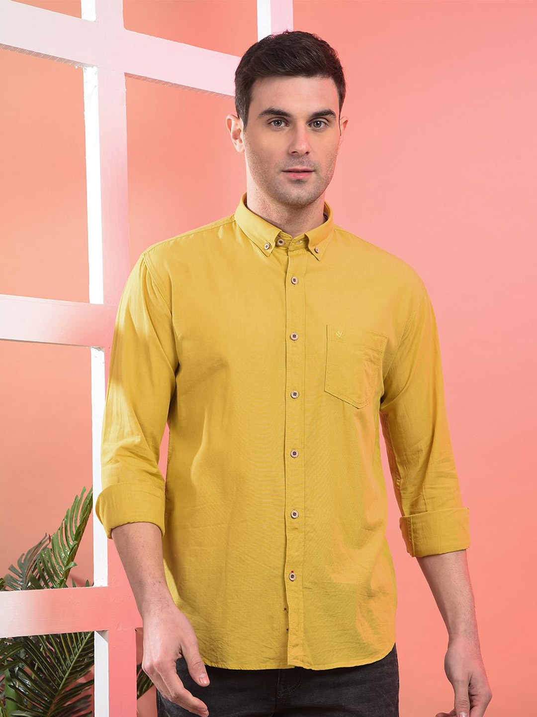 

COBB Men Slim Fit Button-Down Collar Solid Cotton Casual Shirt, Mustard