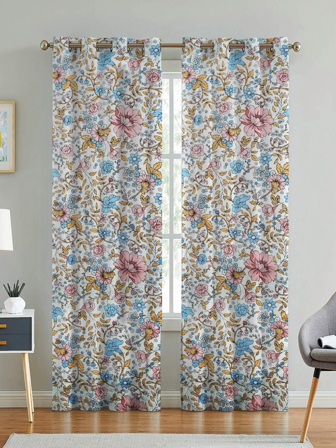 

ANA White & Blue 2 Pieces Floral Printed Cotton Room Darkening Long Door Curtain