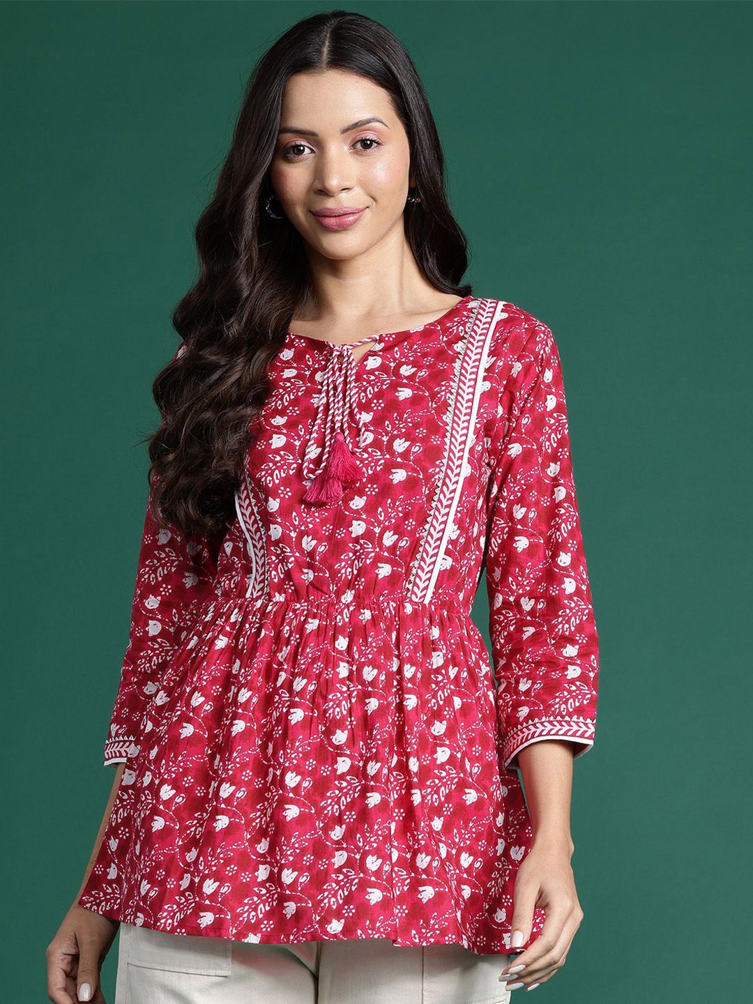 

DressBerry Print Tie-Up Neck Ethnic Cotton Peplum Longline Top, Pink