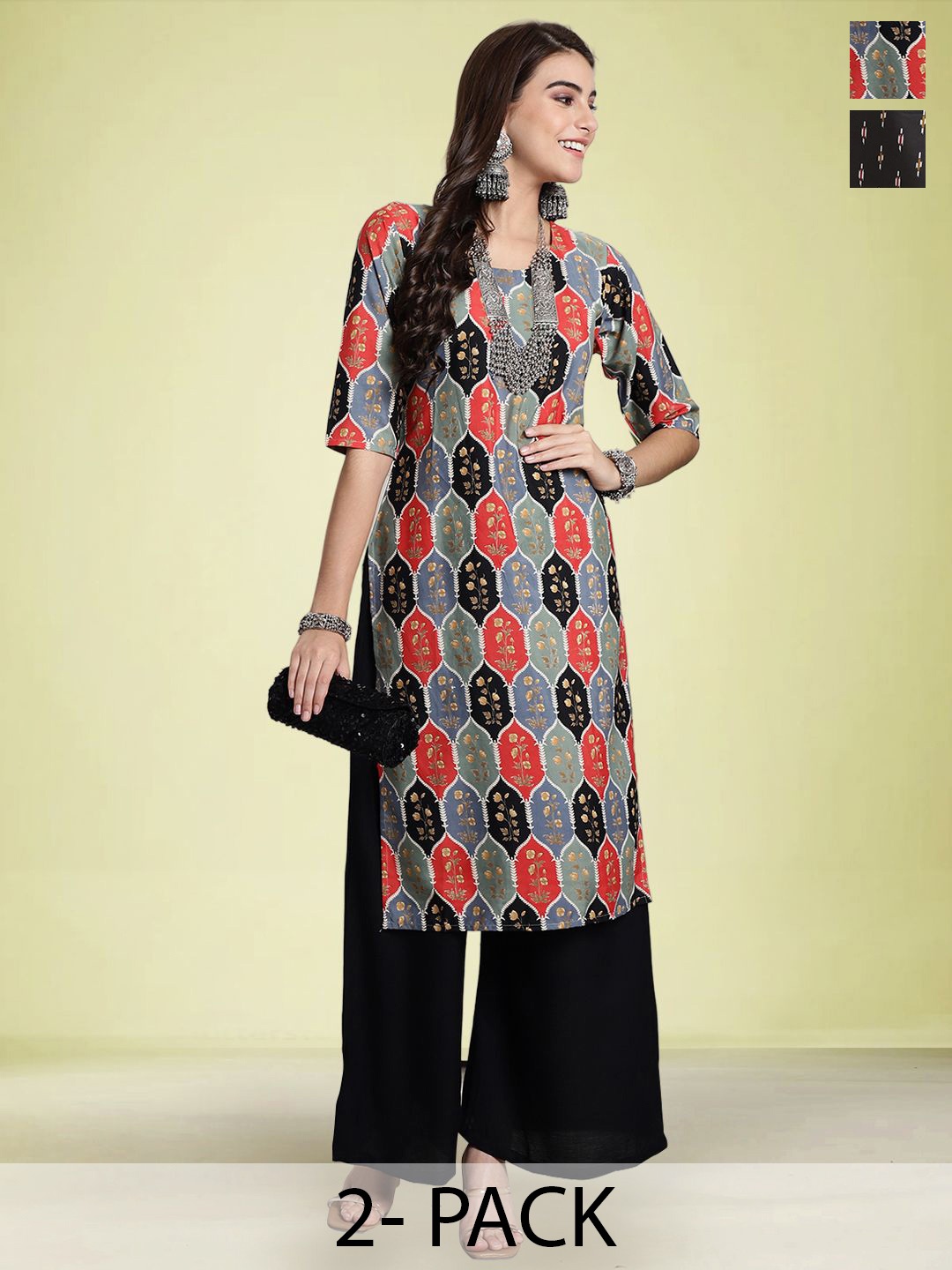 

Moda Rapido Set of 2 Ethnic Printed Round Neck Straight Kurtas, Black