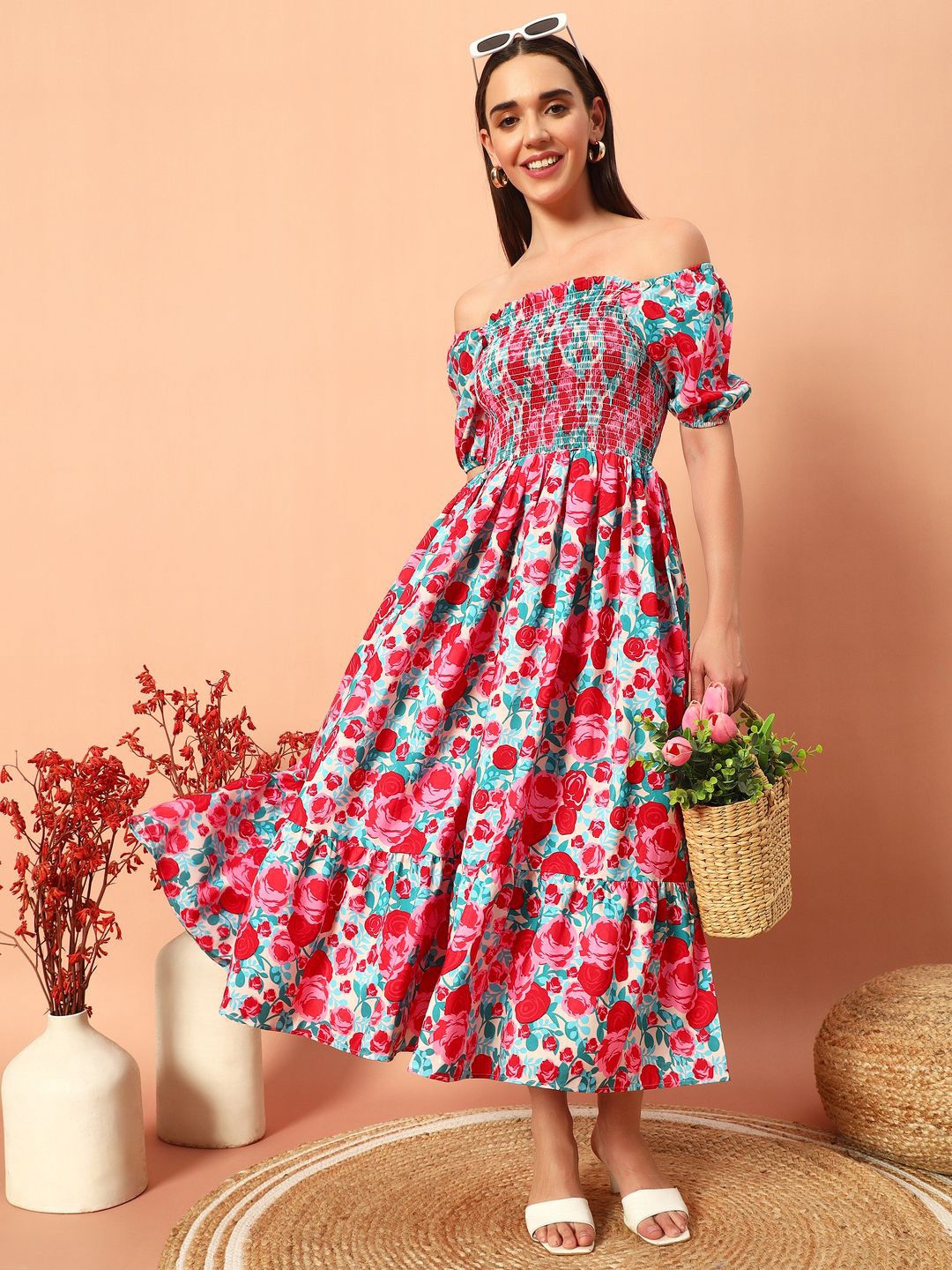

ZWERLON Floral Printed Smocked Puff Sleeve Fit and Flare Midi Dress, Pink