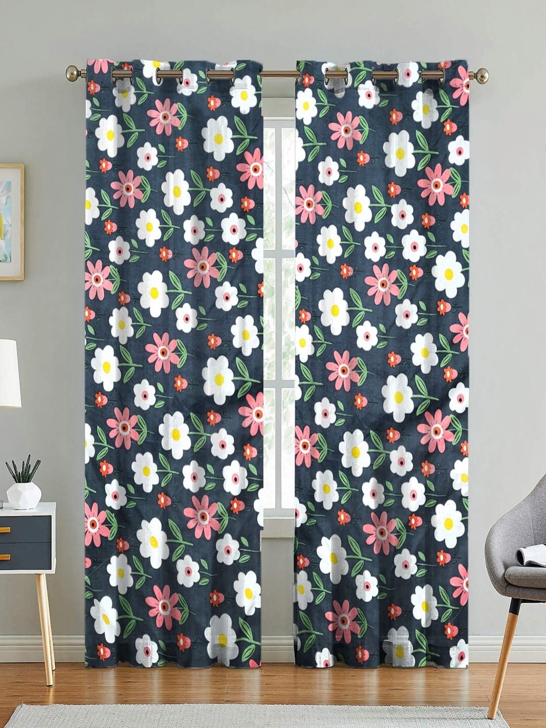 

ANA Blue & White 2 Pieces Floral Printed Cotton Room Darkening Long Door Curtain