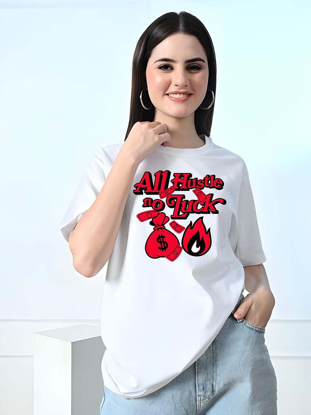 

SZN Women Typography Printed Round Neck Cotton Oversized T-shirt, White