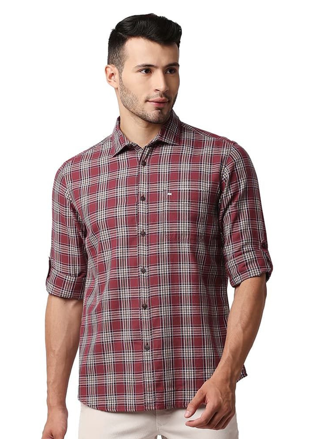 

Basics Men Relaxed Fit Spread Collar Checked Cotton Casual Shirt, Maroon