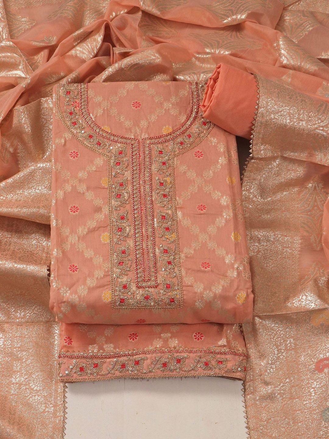 

Riti Floral Woven Design Zari Jaquard Weave Unstitched Dress Material, Peach