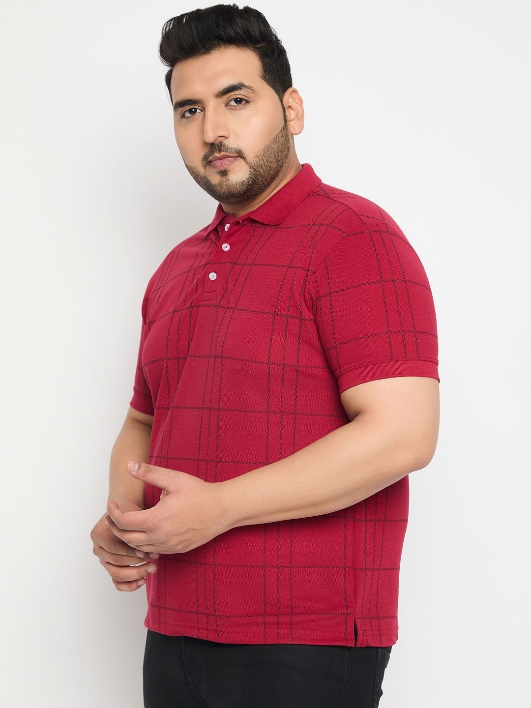 

RELANE Men Plus Size Checked Polo Collar Cotton T-shirt, Maroon