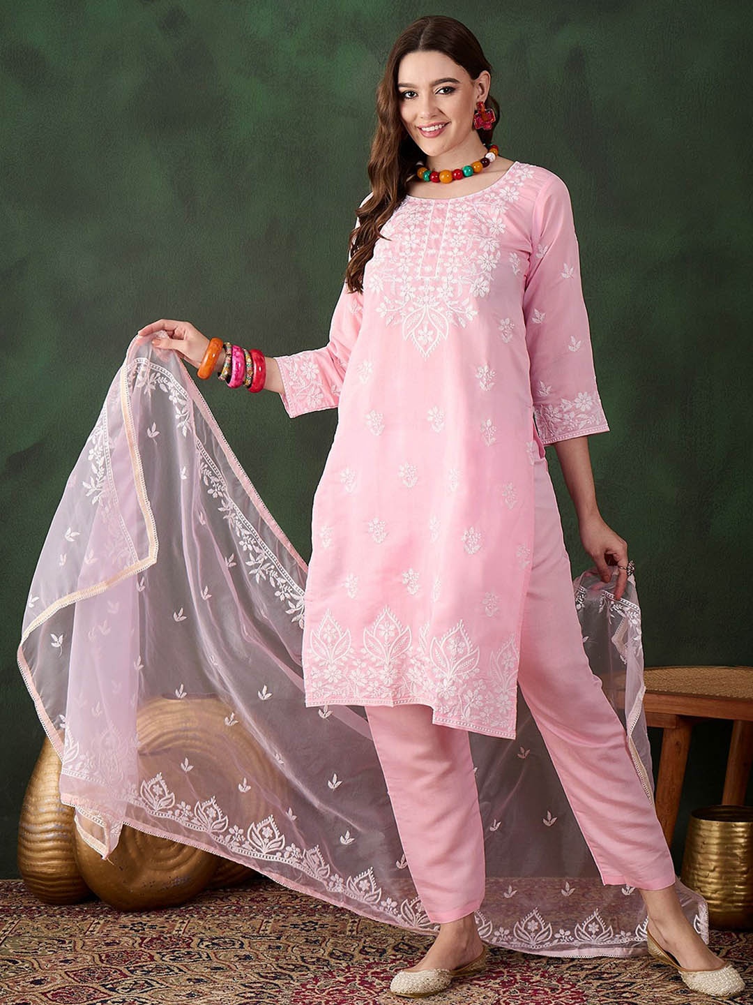 

HERE&NOW Pink Floral Embroidered Straight Kurta With Trousers & Dupatta