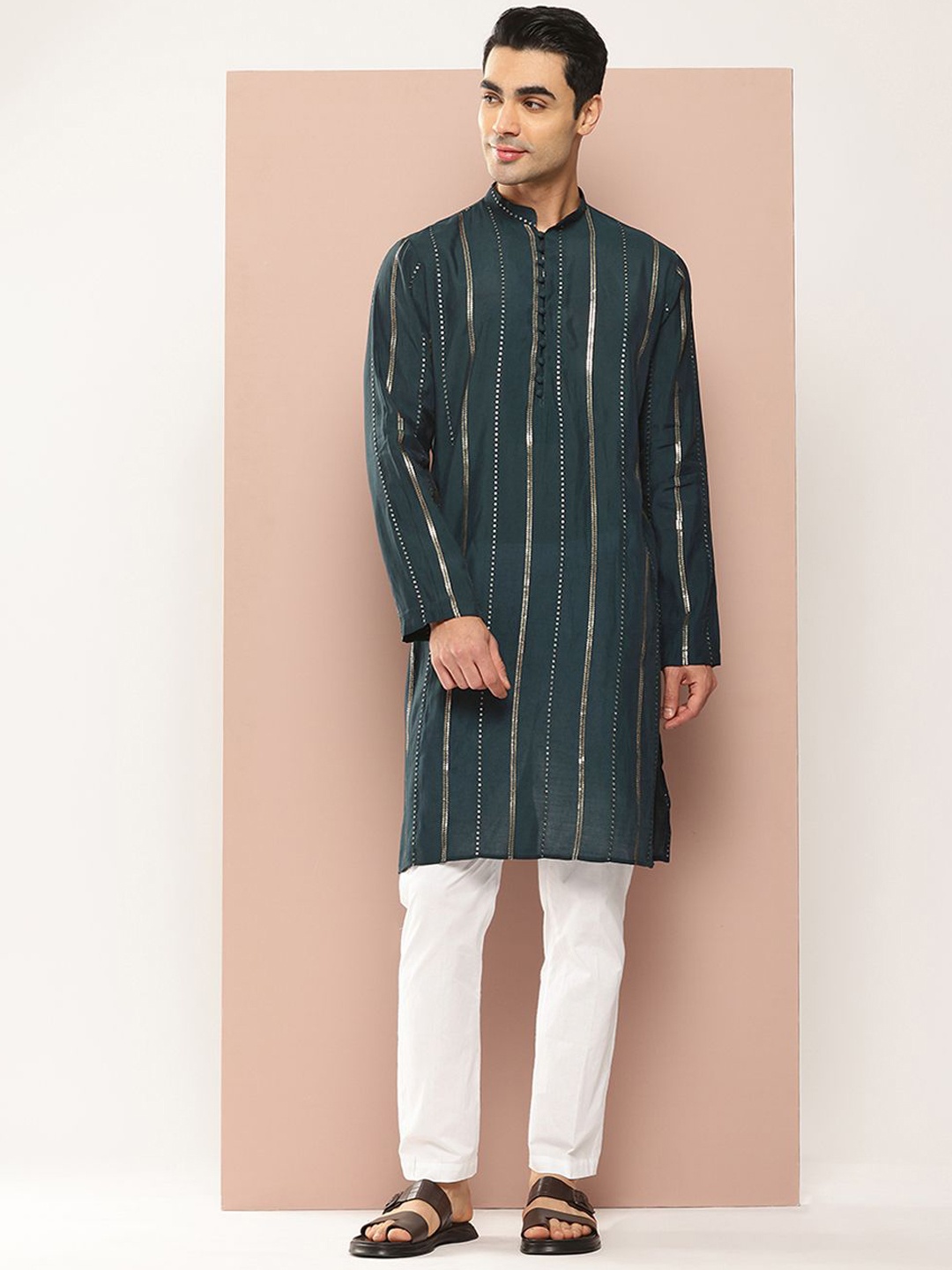 

See Designs Striped Embroidered Sequinned Mandarin Collar Chanderi Silk Straight Kurta, Teal