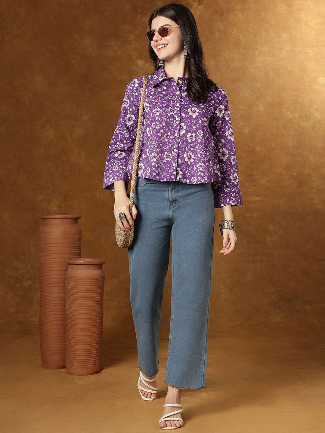 

JANAKDULARI CREATION Women Floral Printed Shirt Collar Cotton Top, Lavender