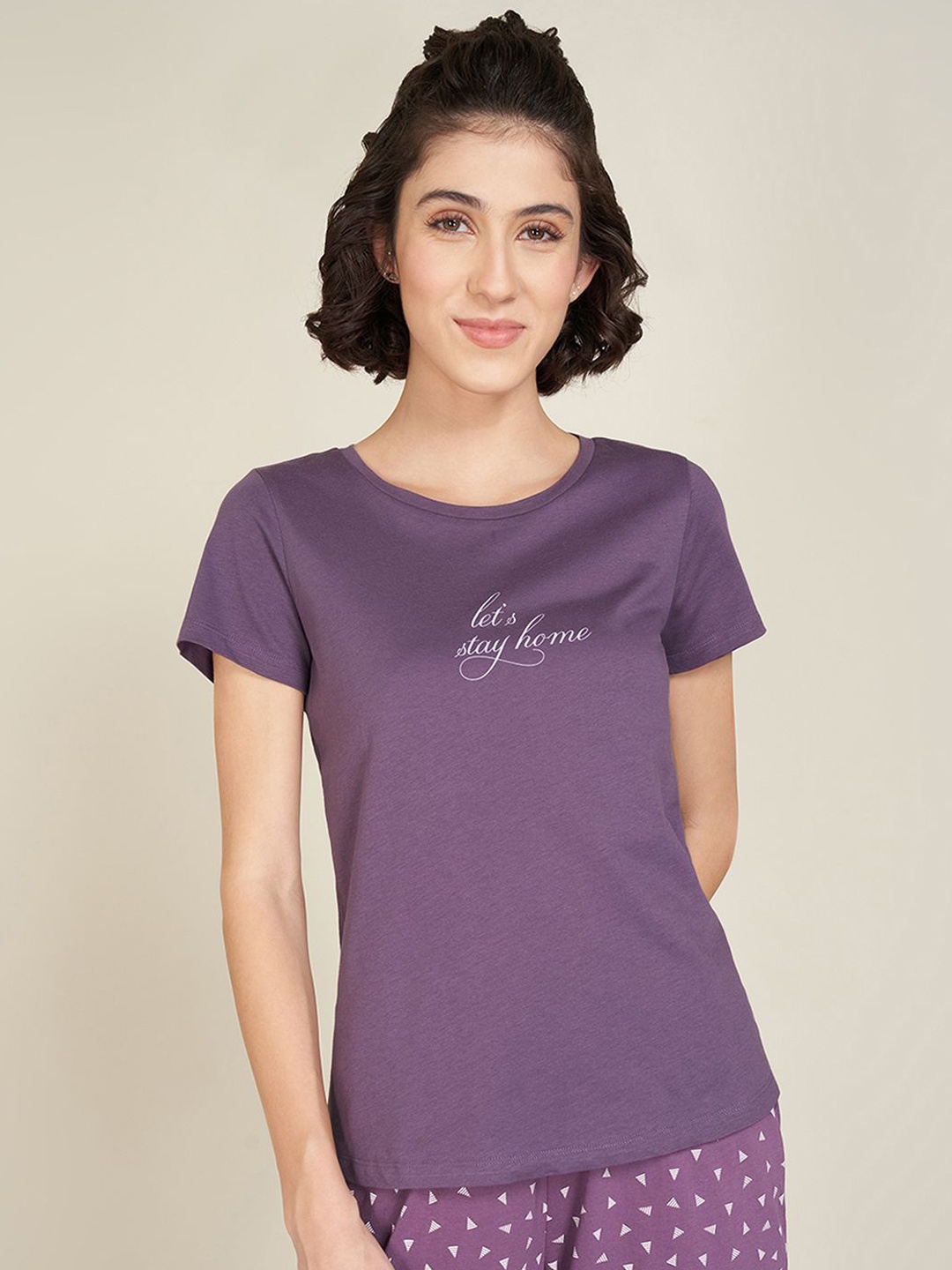 

Dreamz by Pantaloons Women Typography Printed Pure Cotton Lounge T-Shirt, Purple