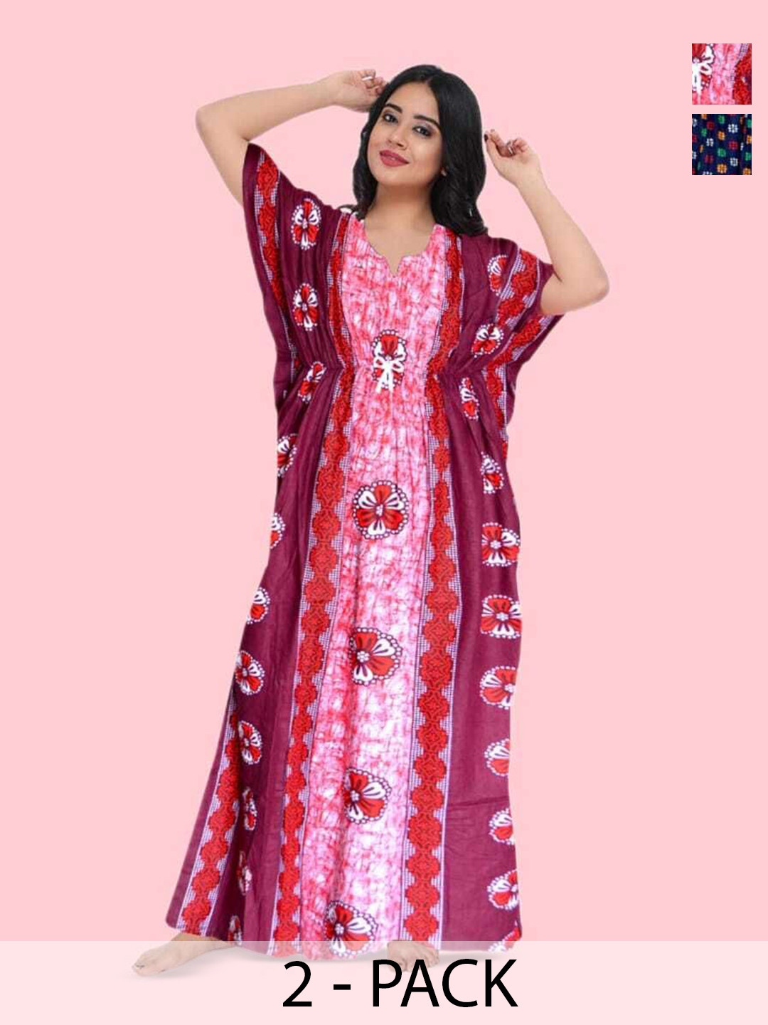 

PR PINK ROYAL Women Pack of 2 Printed Kaftan Nightdress, Red