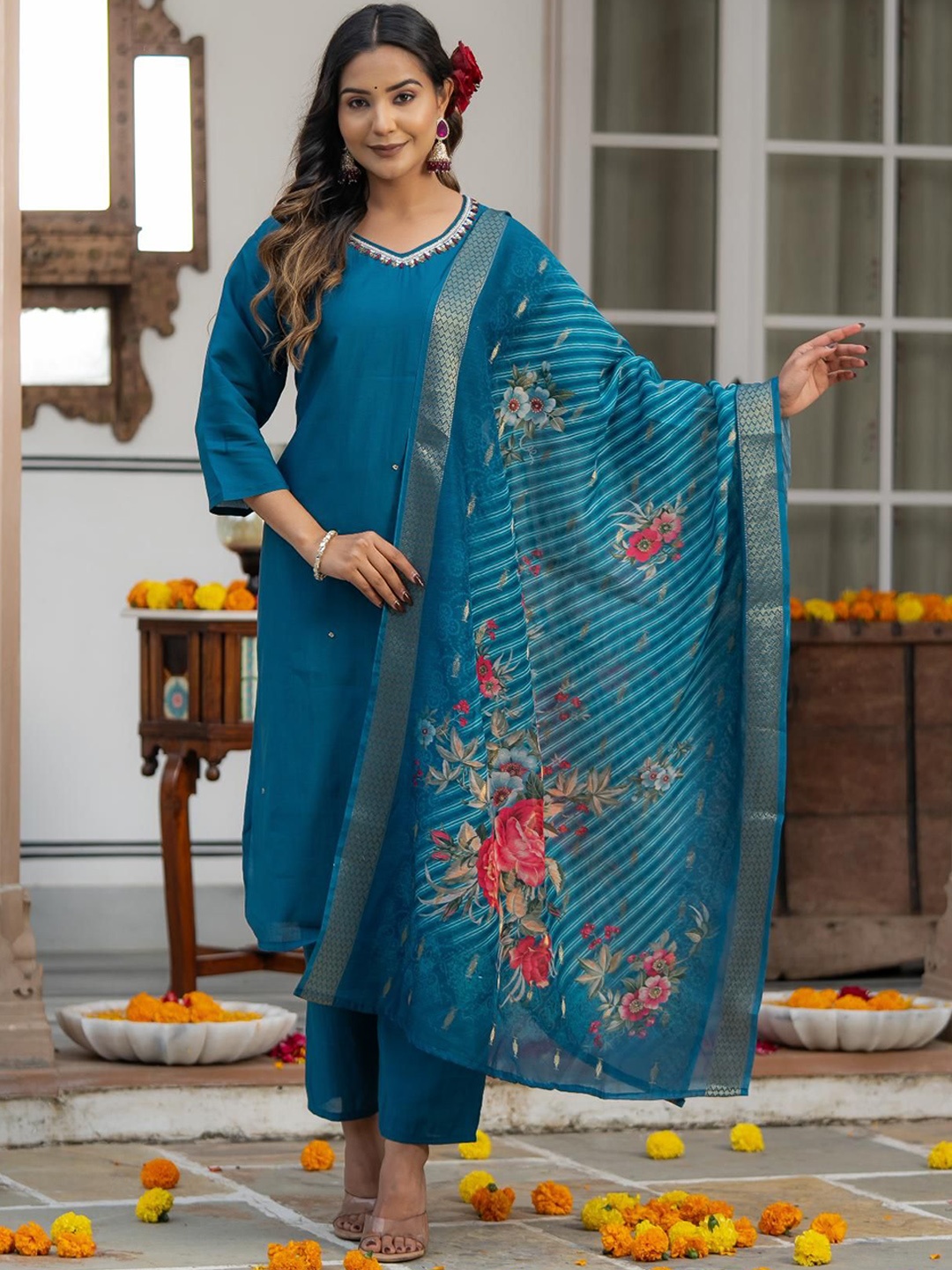 

Moda Rapido Blue V-Neck Beads And Stones Raw Silk Straight Kurta With Trousers And Dupatta